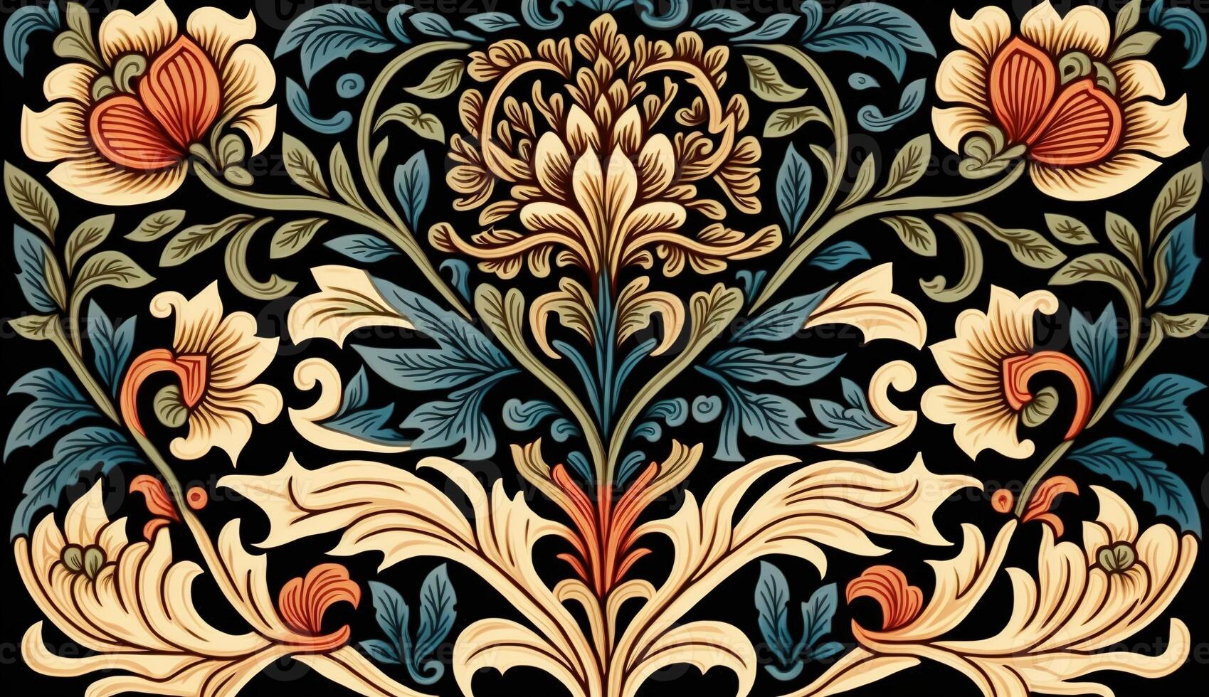 generativo ai, floreale colorato modello. William morris ispirato naturale impianti e fiori sfondo, Vintage ▾ illustrazione. popolare stile foto