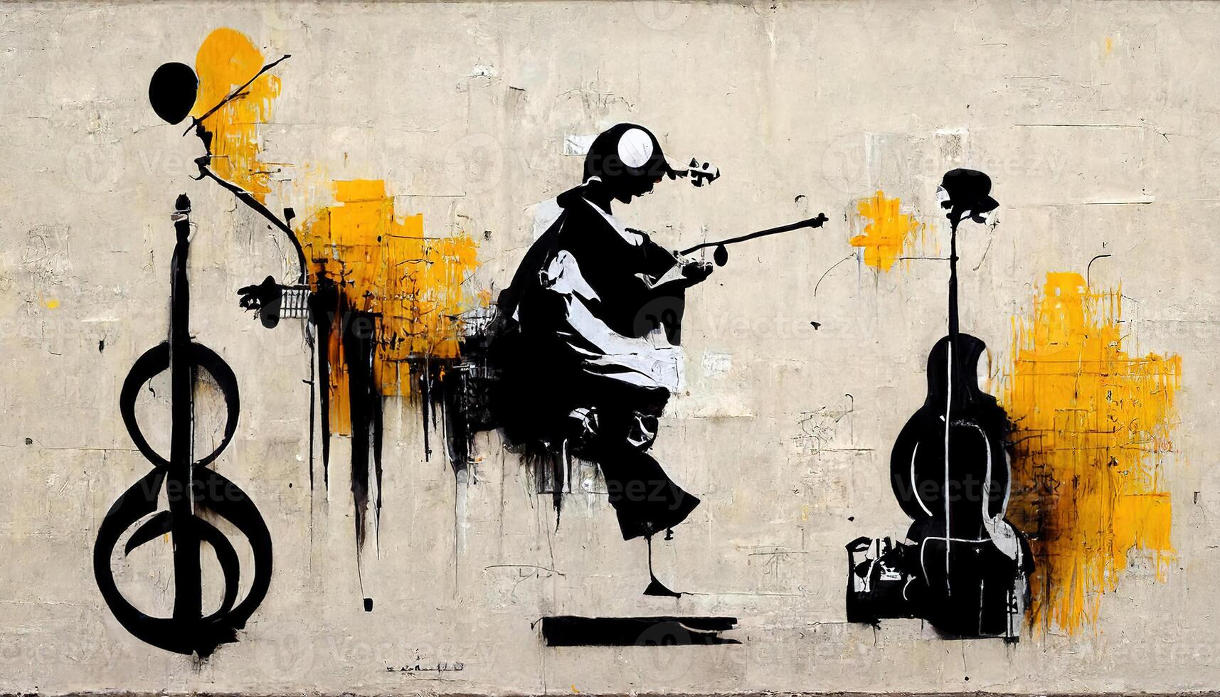 generativo ai, strada arte con chiavi e musicale strumenti sagome. inchiostro graffiti arte su un' strutturato carta Vintage ▾ sfondo, ispirato di Banksy foto