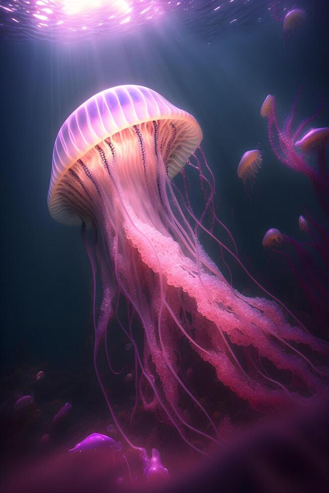 rosa Medusa su il oceano pavimento creato di generativo ai tecnologia foto