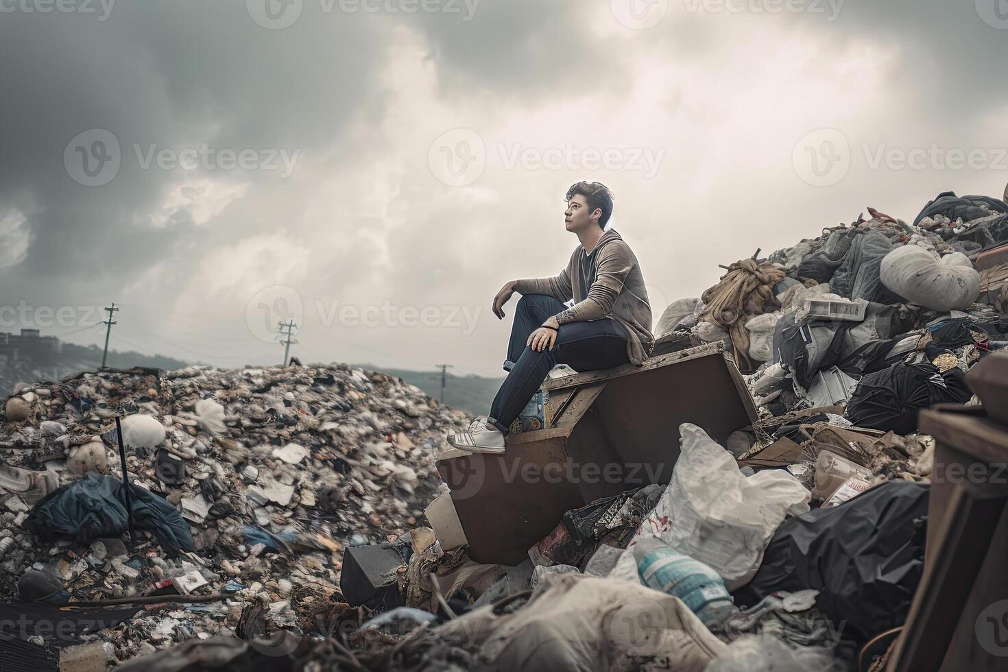 uomo seduta su superiore di enorme cumulo di rifiuti con un' lotto di plastica sciupare. generativo ai foto