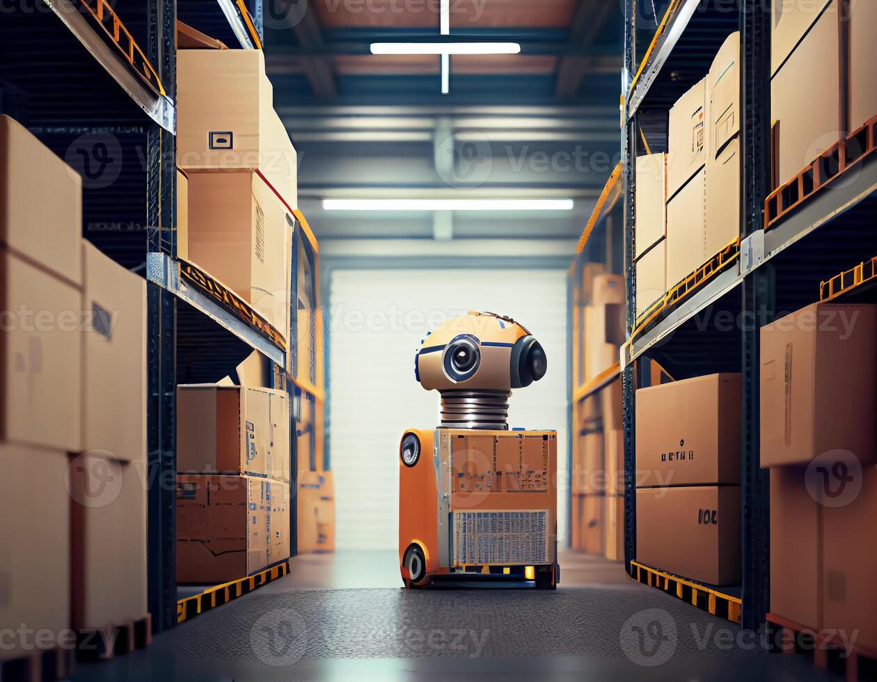 robot centro di logistica deposito,robot braccio con scatola Lavorando nel il Materiale industriale.generativo ai foto