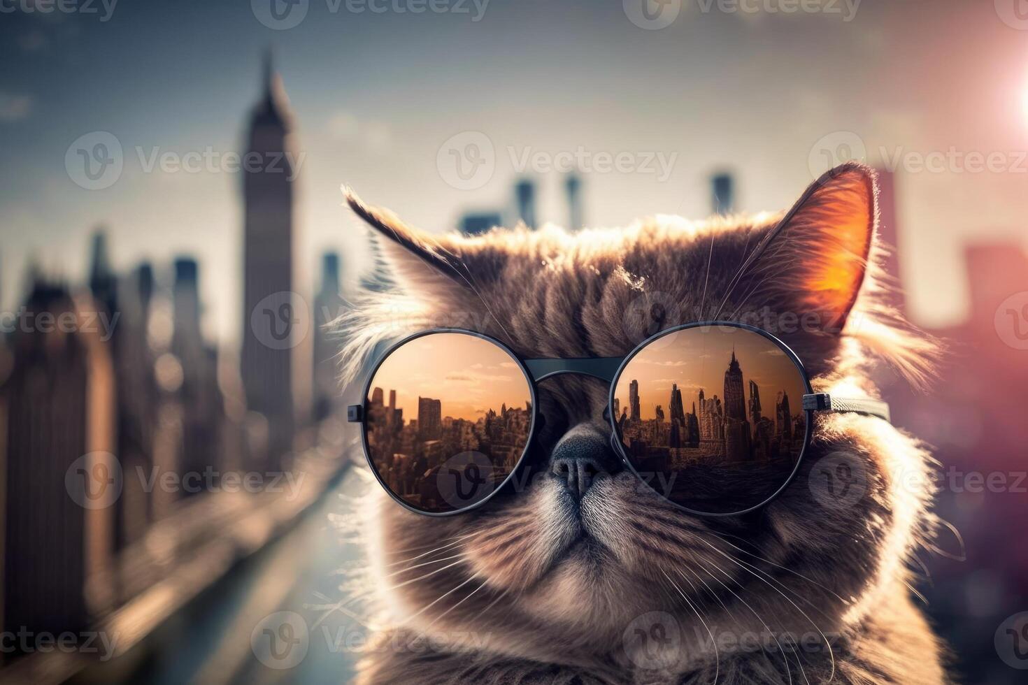 carino freddo gatto nel in viaggio nuovo York con fantasia sole bicchieri generativo ai foto