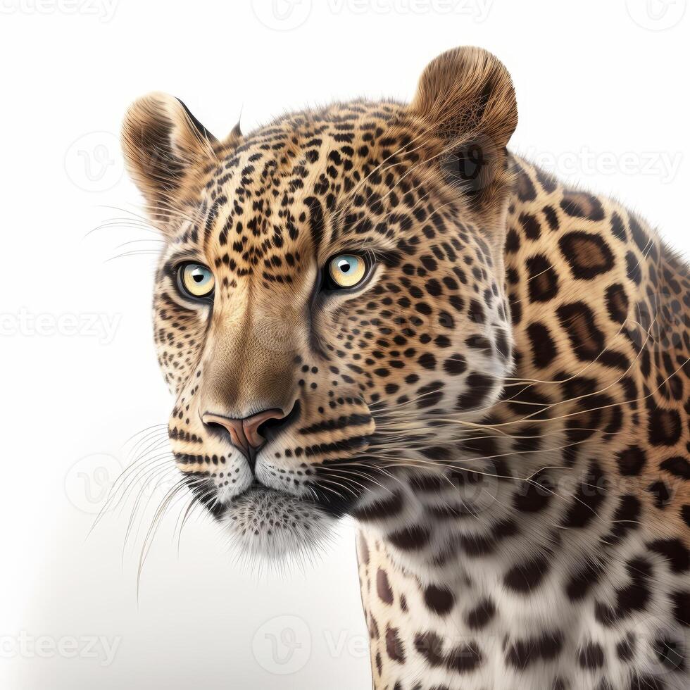 leopardo viso vicino su Immagine su bianca sfondo generativo ai foto