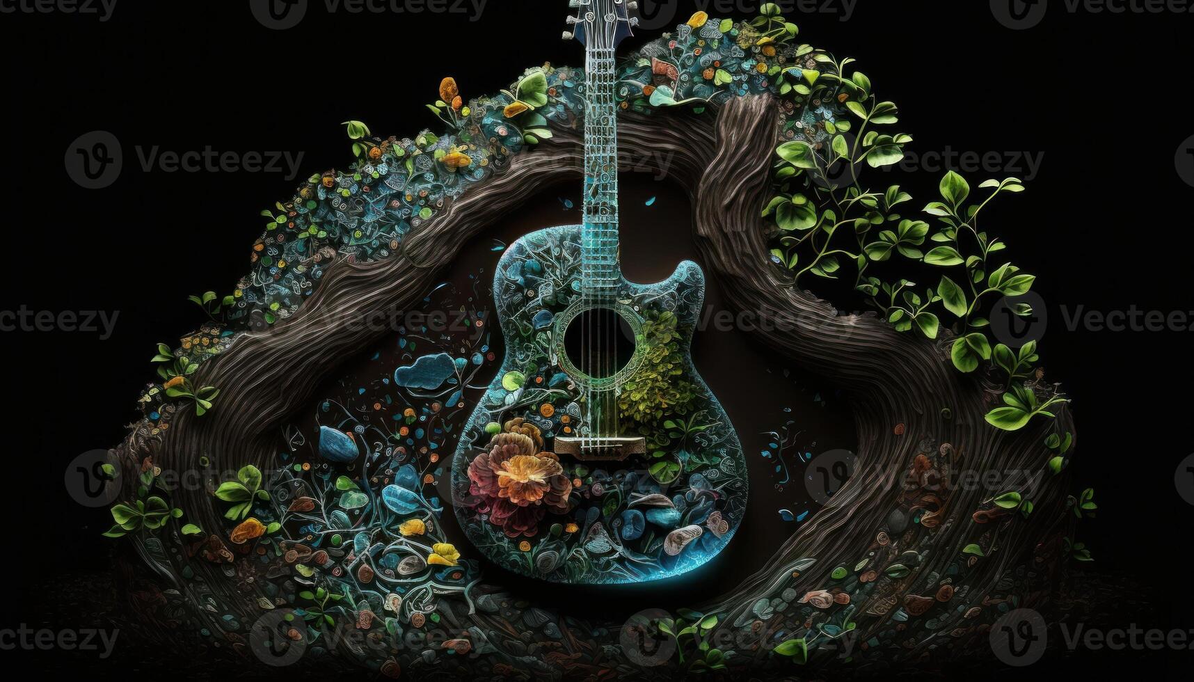 natura chitarra coperto di le foglie su nero terra generativo ai foto