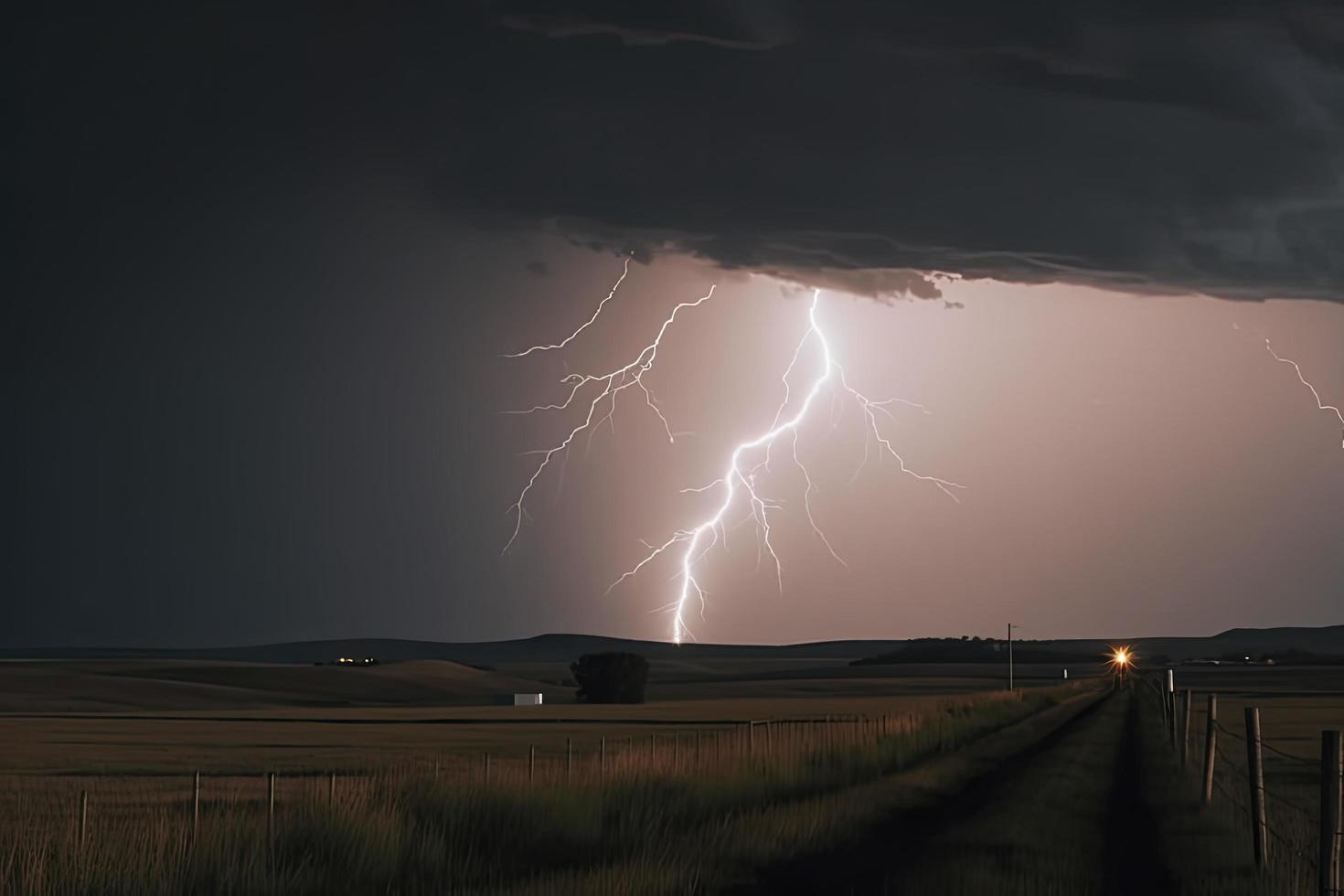 drammatico fulmine fulmine bullone sciopero nel luce del giorno rurale circostante cattivo tempo metereologico buio cielo foto