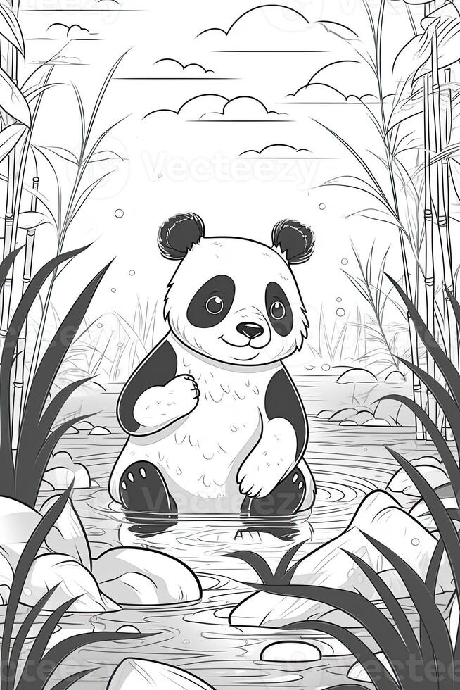 carino cartone animato panda. nero e bianca illustrazione per colorazione libro. generativo ai foto