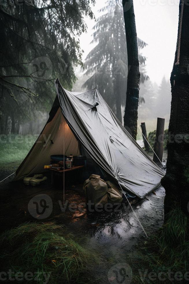 natura selvaggia sopravvivenza. bushcraft tenda sotto il telone nel pesante piovere, Abbracciare una persona il freddo di alba. un' scena di resistenza e resilienza foto