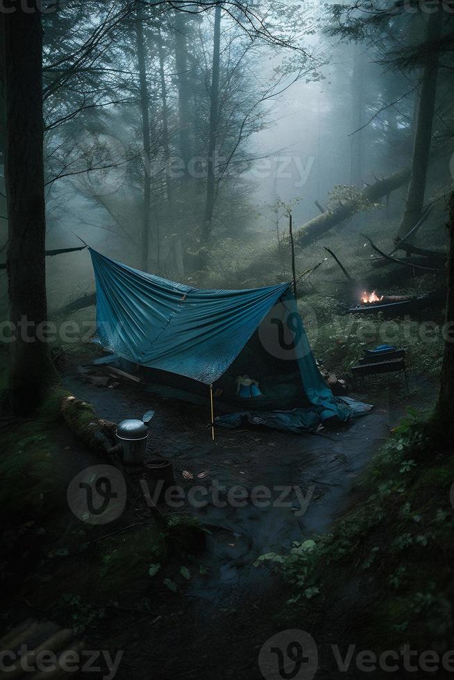 natura selvaggia sopravvivenza. bushcraft tenda sotto il telone nel pesante piovere, Abbracciare una persona il freddo di alba. un' scena di resistenza e resilienza foto