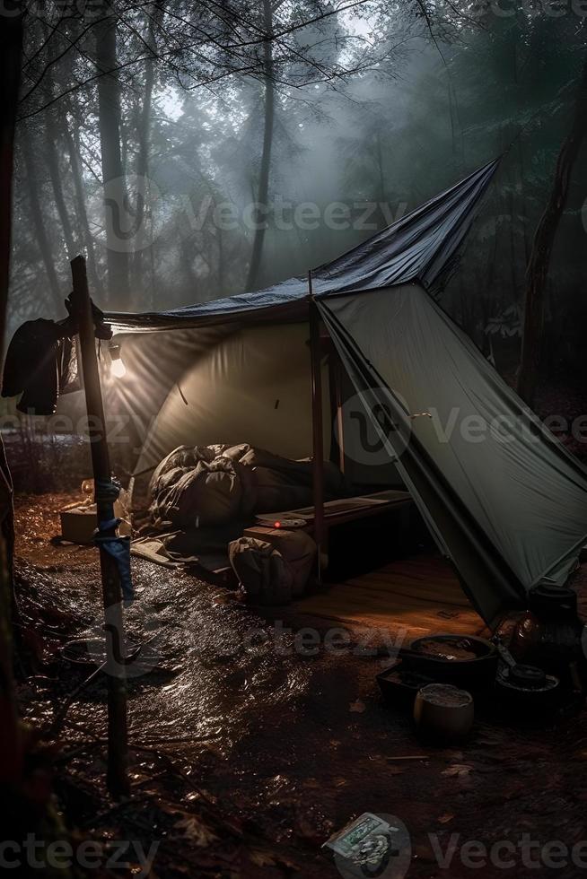 natura selvaggia sopravvivenza. bushcraft tenda sotto il telone nel pesante piovere, Abbracciare una persona il freddo di alba. un' scena di resistenza e resilienza foto