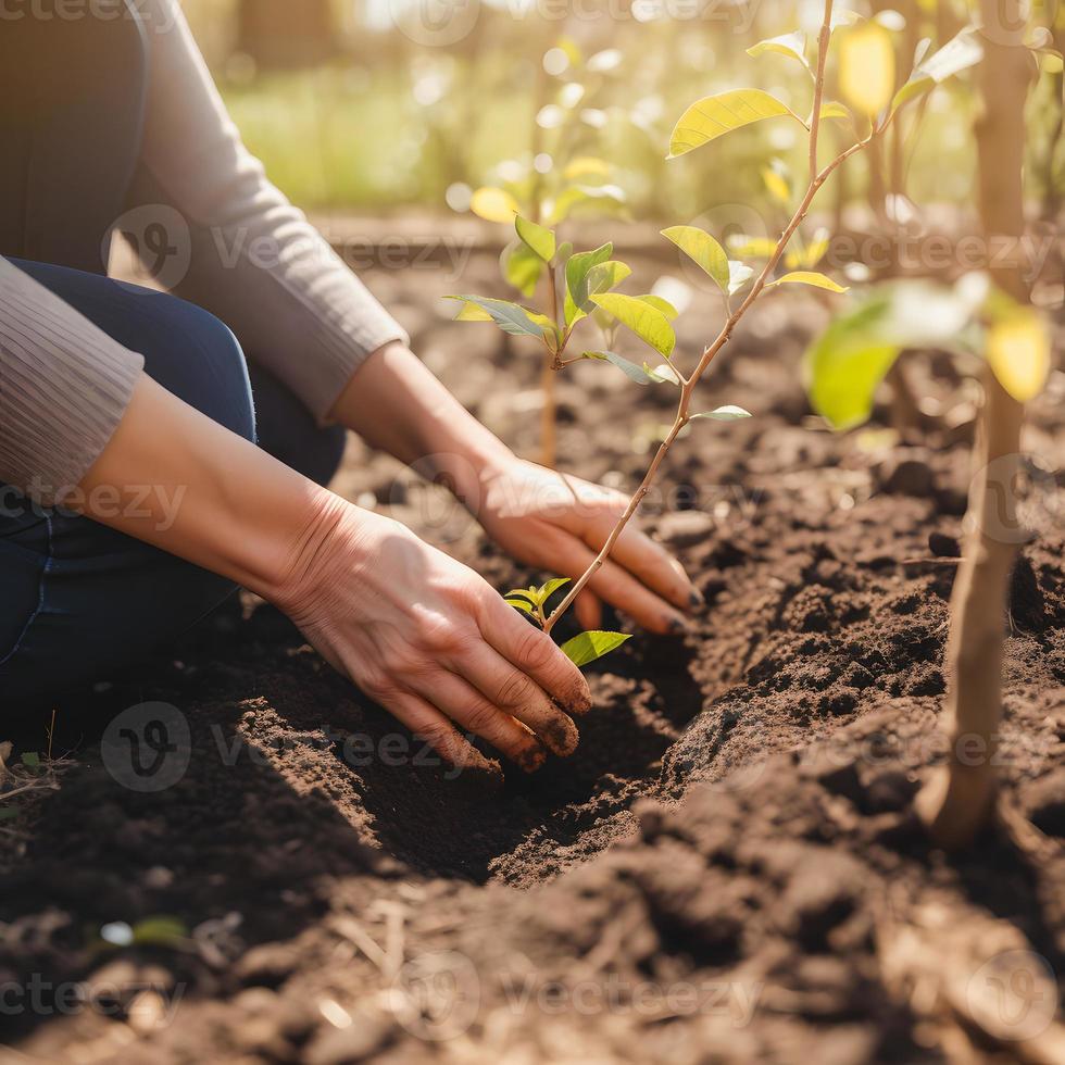 piantare alberi per un' sostenibile futuro. Comunità giardino e ambientale conservazione - promozione habitat restauro e Comunità Fidanzamento su terra giorno foto