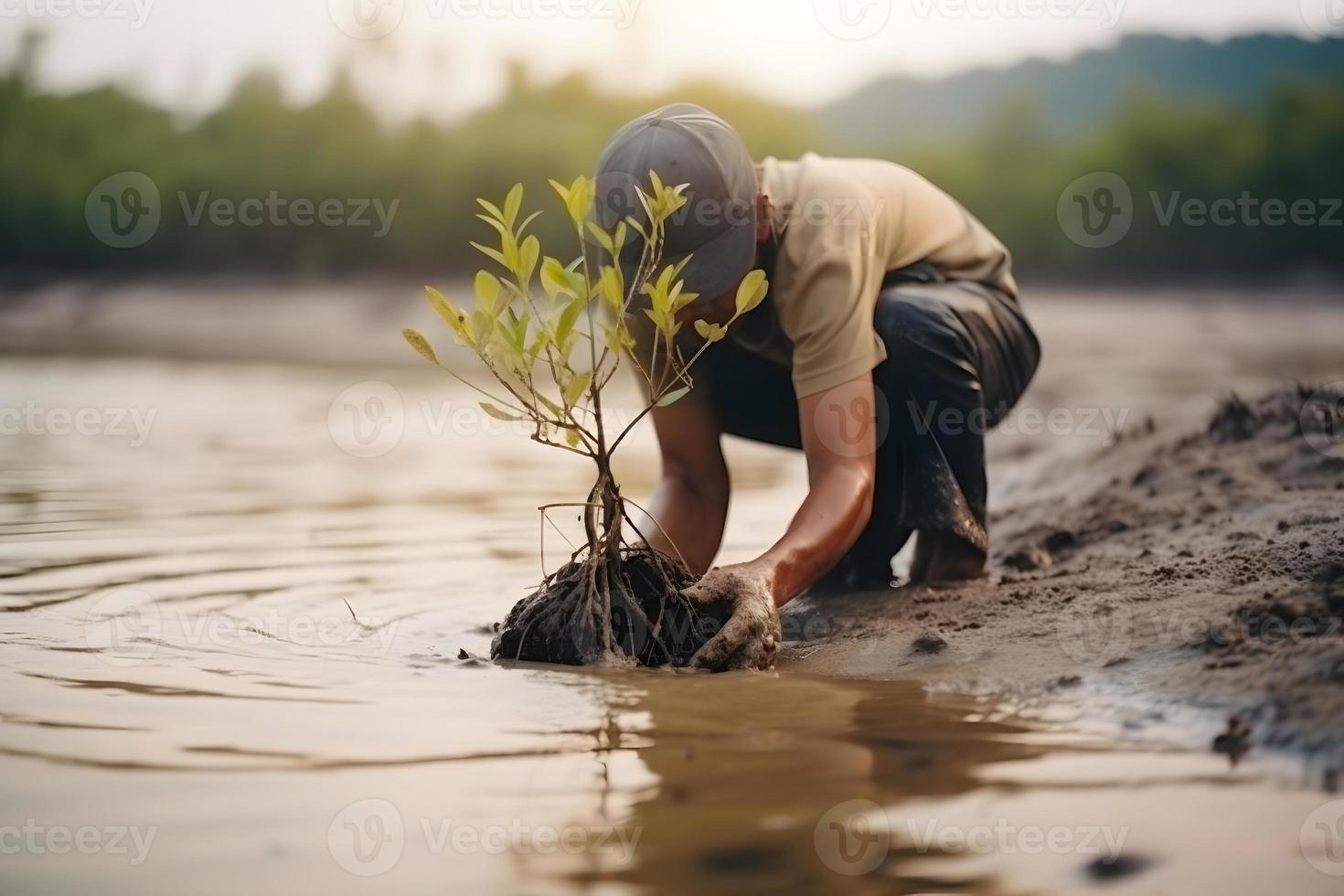 ripristino il costa Comunità Fidanzamento nel piantare mangrovie per ambiente conservazione e habitat restauro su terra giorno, promozione sostenibilità. terra giorno foto