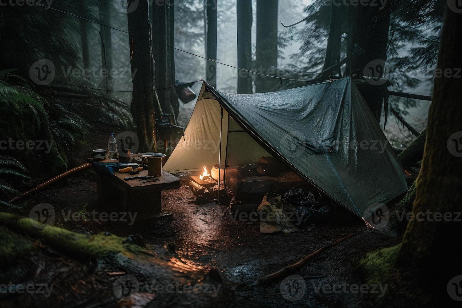 natura selvaggia sopravvivenza. bushcraft tenda sotto il telone nel pesante piovere, Abbracciare una persona il freddo di alba. un' scena di resistenza e resilienza foto