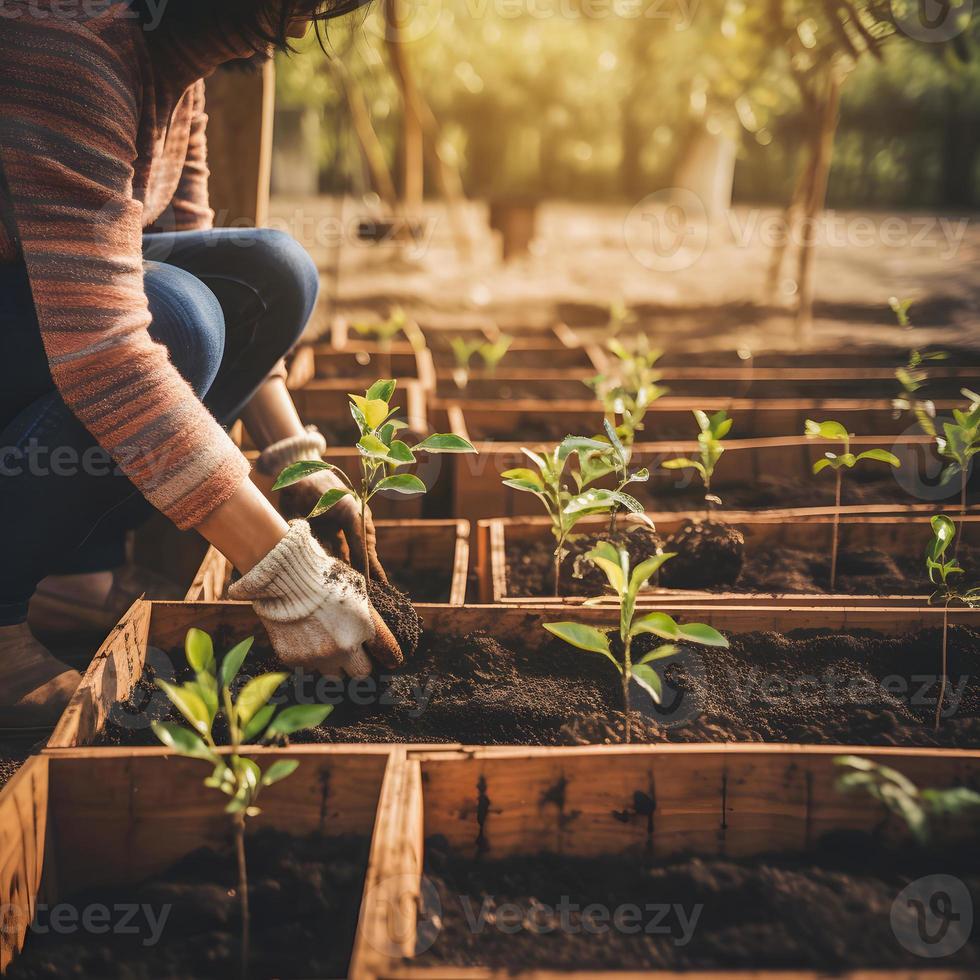 piantare alberi per un' sostenibile futuro. Comunità giardino e ambientale conservazione - promozione habitat restauro e Comunità Fidanzamento su terra giorno foto