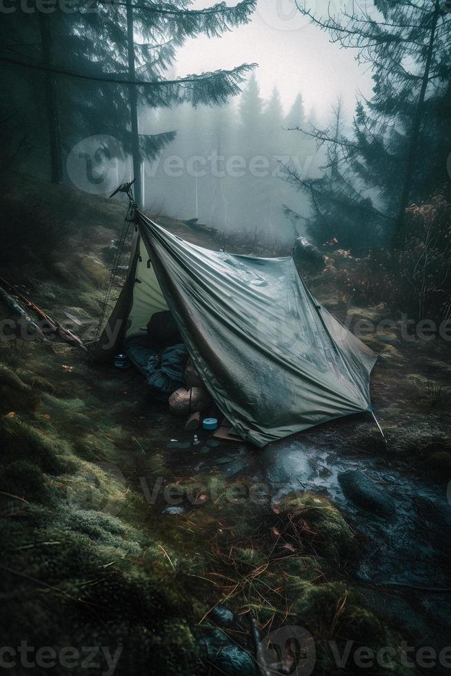 natura selvaggia sopravvivenza. bushcraft tenda sotto il telone nel pesante piovere, Abbracciare una persona il freddo di alba. un' scena di resistenza e resilienza foto