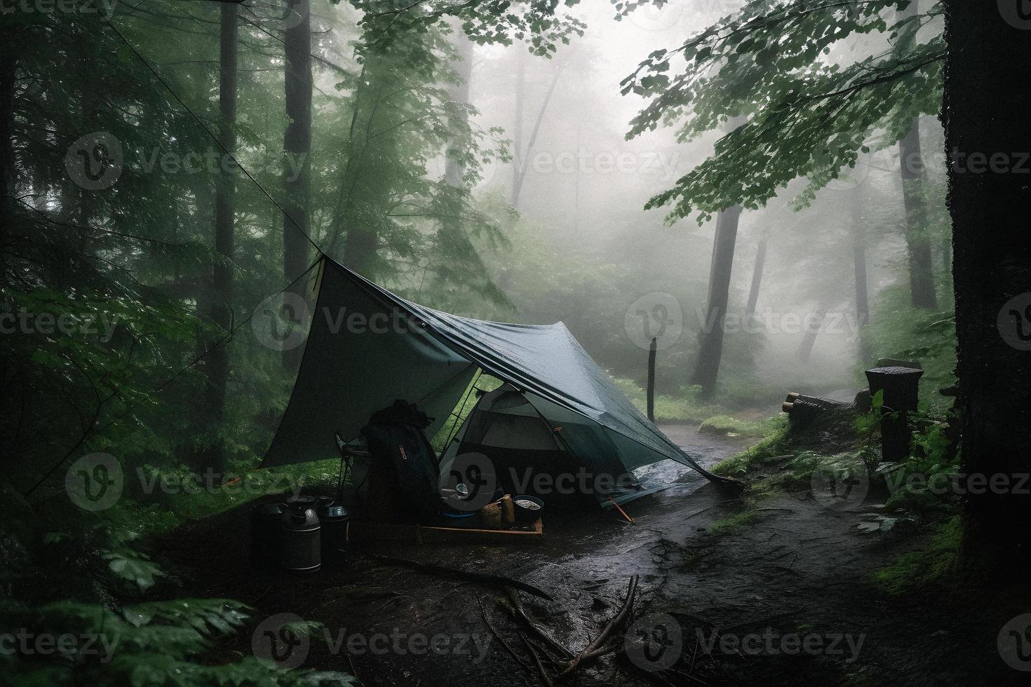 natura selvaggia sopravvivenza. bushcraft tenda sotto il telone nel pesante piovere, Abbracciare una persona il freddo di alba. un' scena di resistenza e resilienza foto