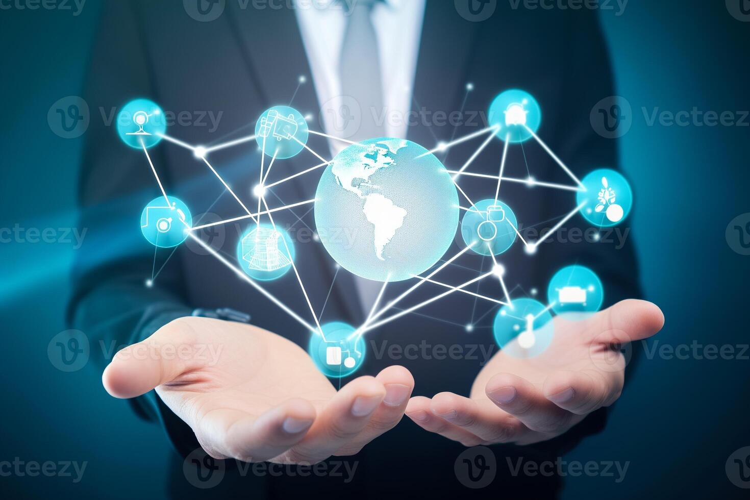 attività commerciale Rete connessione, nuovo attività commerciale sviluppo opportunità. digitale interfaccia tenuto di uomo d'affari nel mano mostrando nuovo distribuzione connessioni. ai generato foto