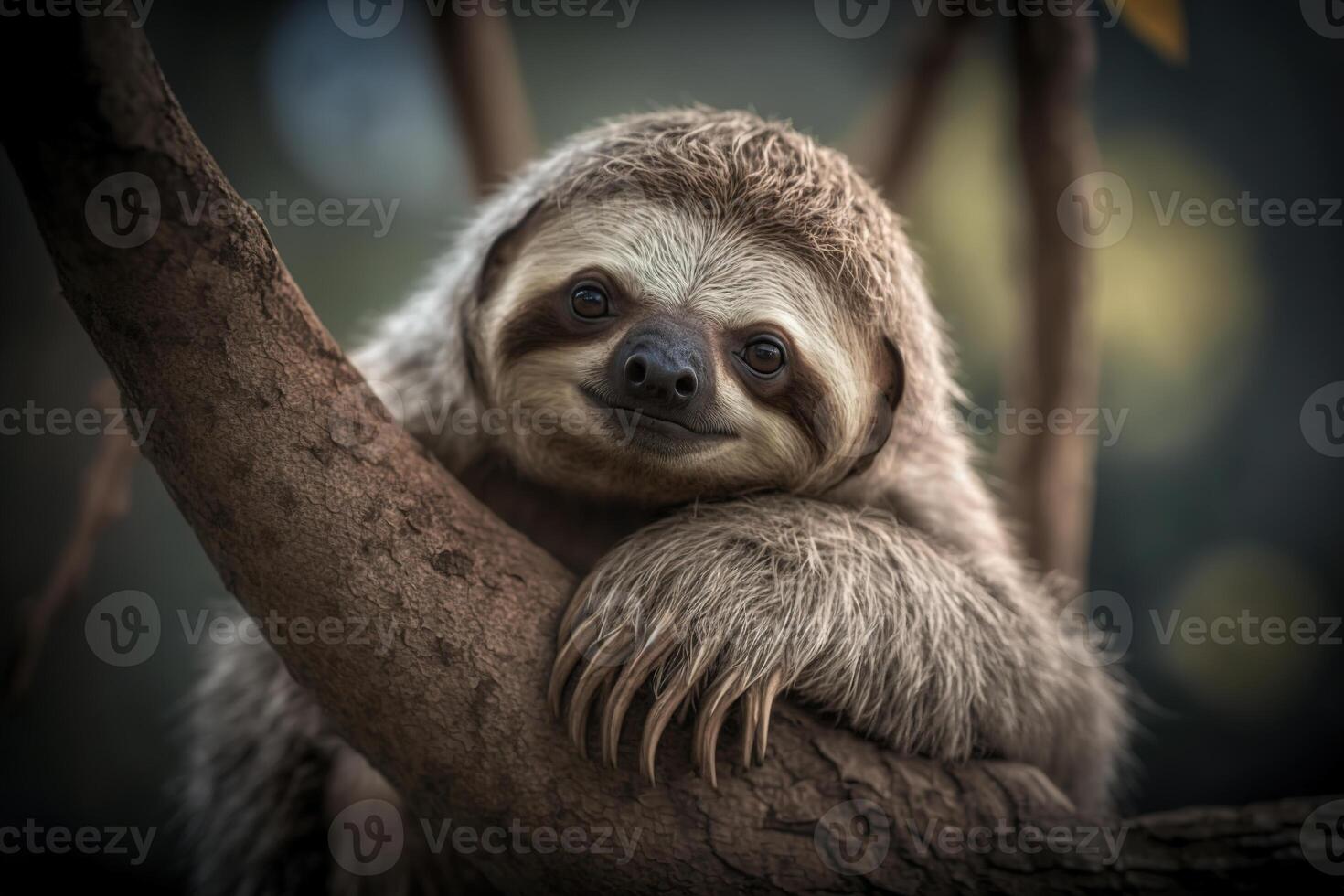 ritratto di un' carino bradipo sospeso su un' albero. ai generato foto