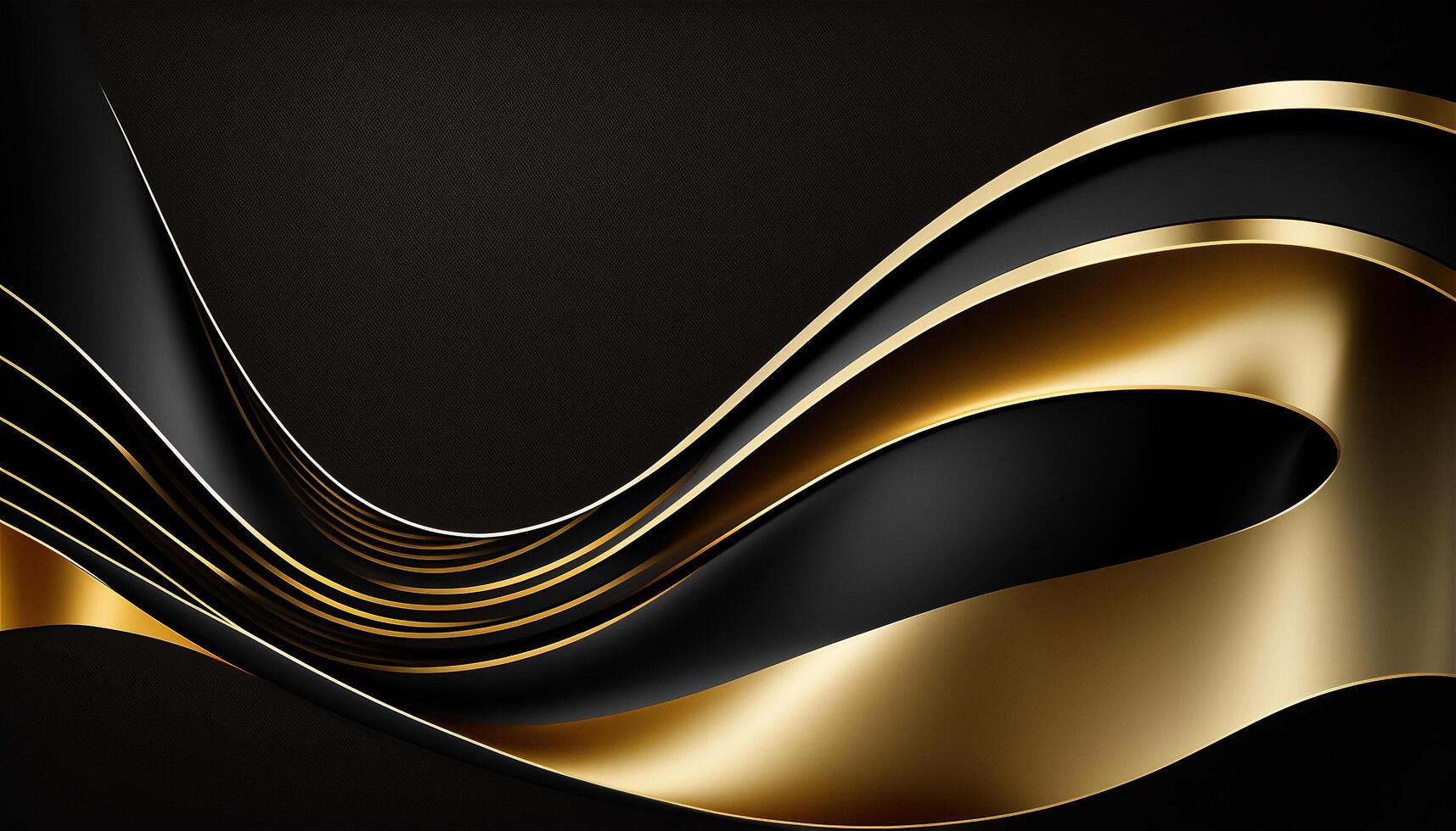 elegante moderno nero e d'oro astratto onde e curve su nero sfondo. ai generato foto