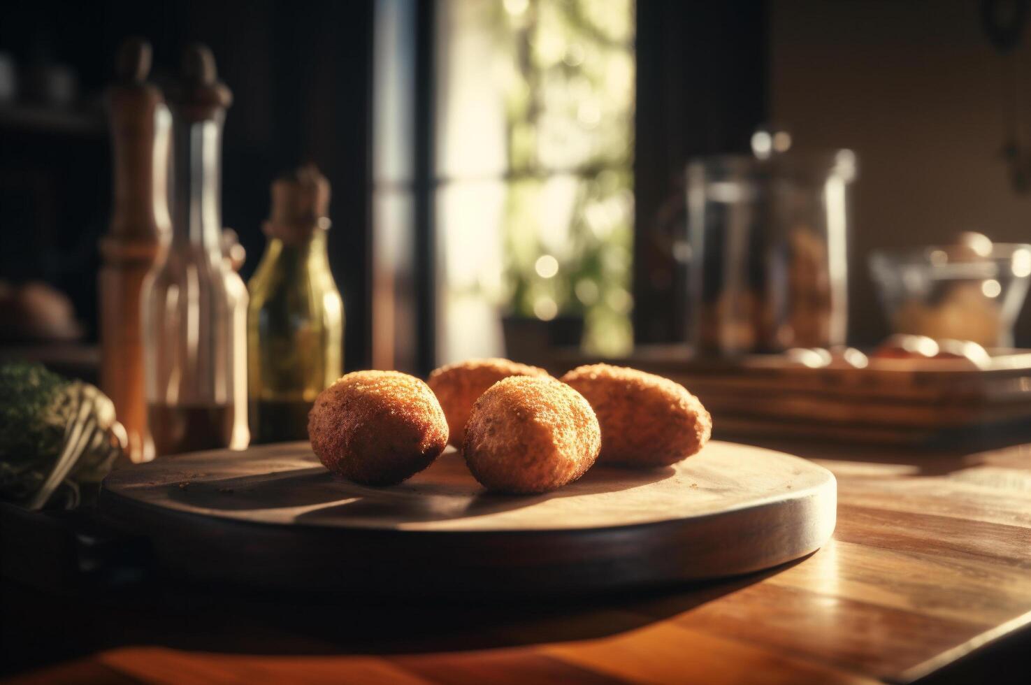 delizioso fatti in casa crocchette su di legno tavolo nel rustico cucina sfondo. ai generato foto