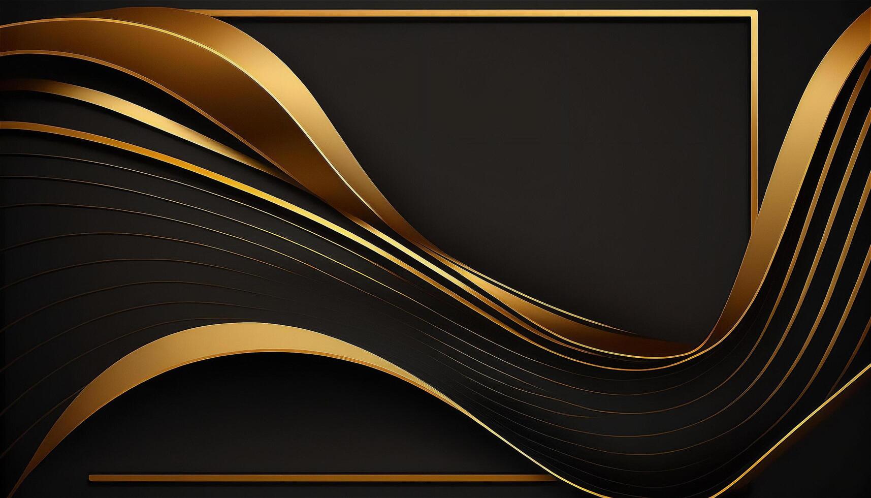 elegante moderno nero e d'oro astratto onde e curve su nero sfondo. ai generato foto