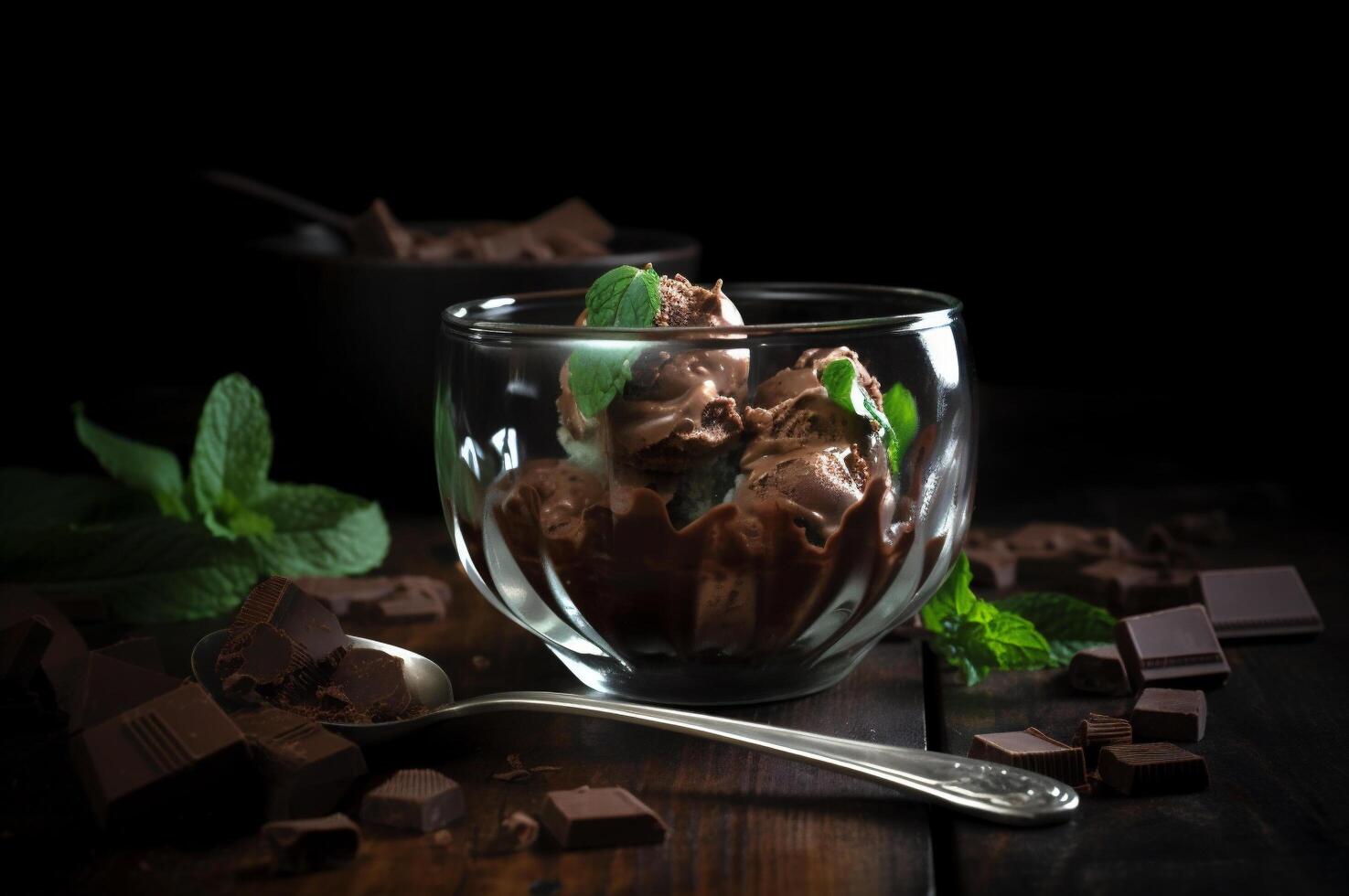 buongustaio cioccolato ghiaccio crema nel bicchiere ciotola su ghiaccio crema salotto tavolo. rustico Di legno. ai generato. congelato dolce foto