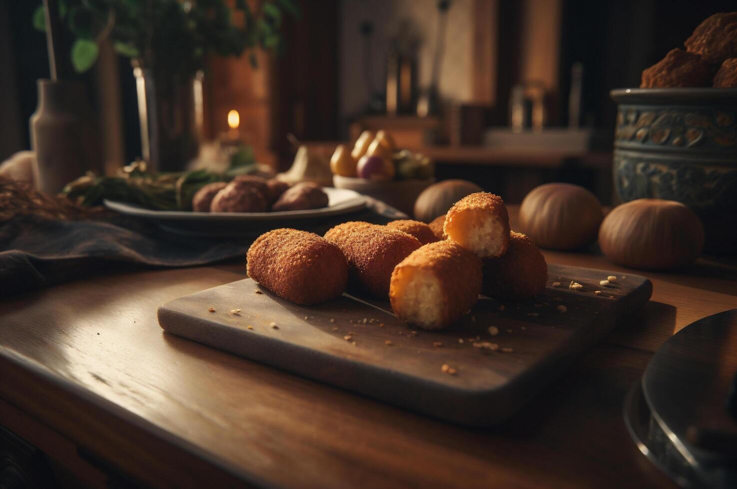 delizioso fatti in casa crocchette su di legno tavolo nel rustico cucina sfondo. ai generato foto