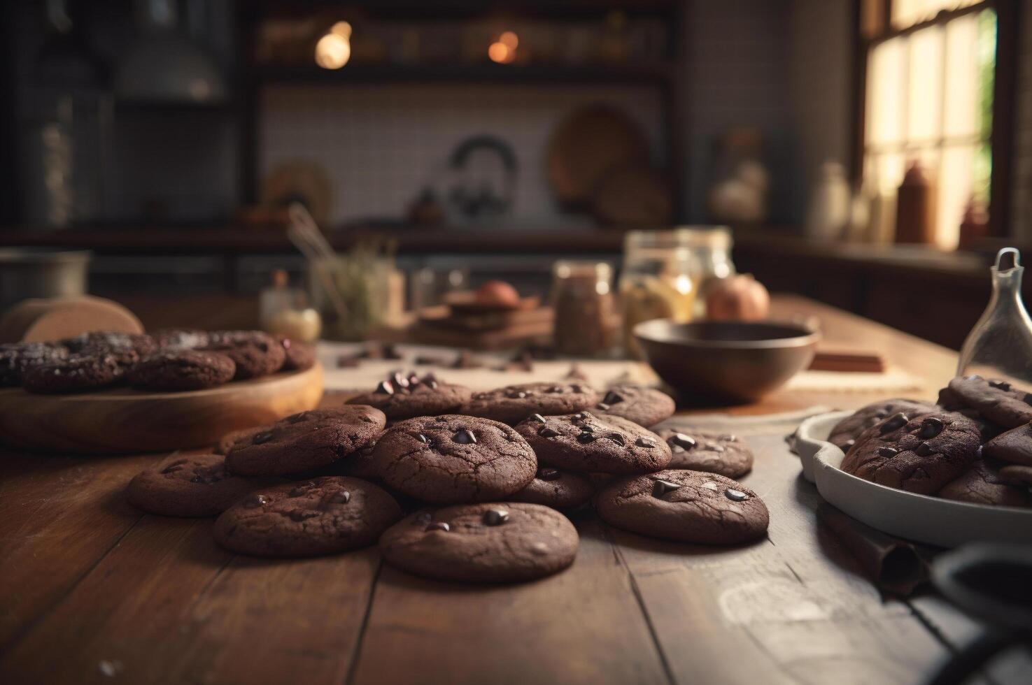 delizioso fatti in casa cioccolatini biscotti su rustico di legno tavolo. ai generato foto