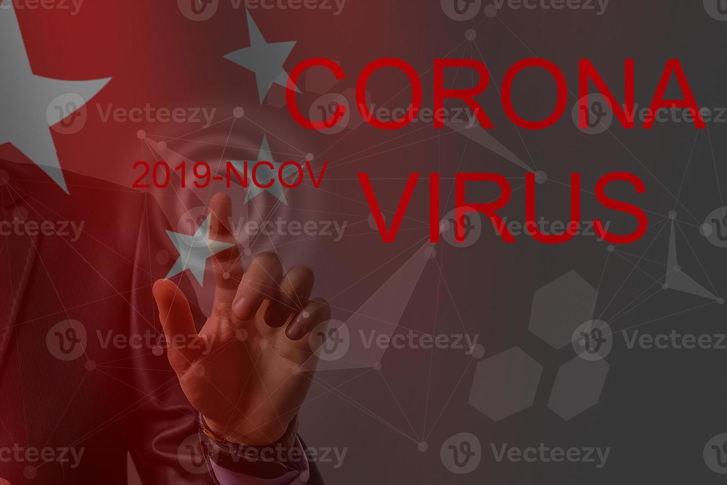 Immagine di uomo d'affari toccante corona virus mettere in guardia icona foto