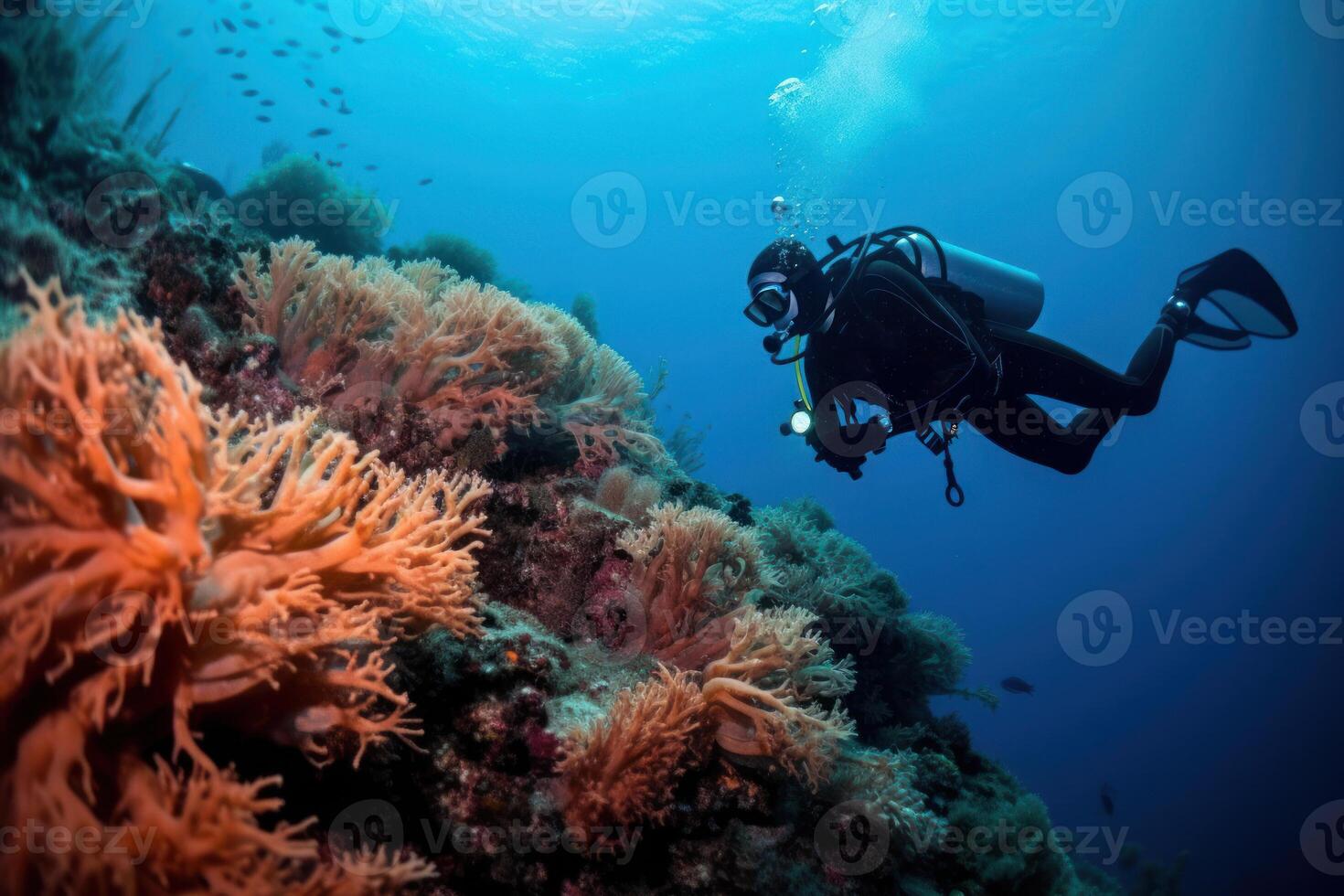 autorespiratore tuffatore nuotate tra pesce e rosso corallo scogliera generativo ai foto