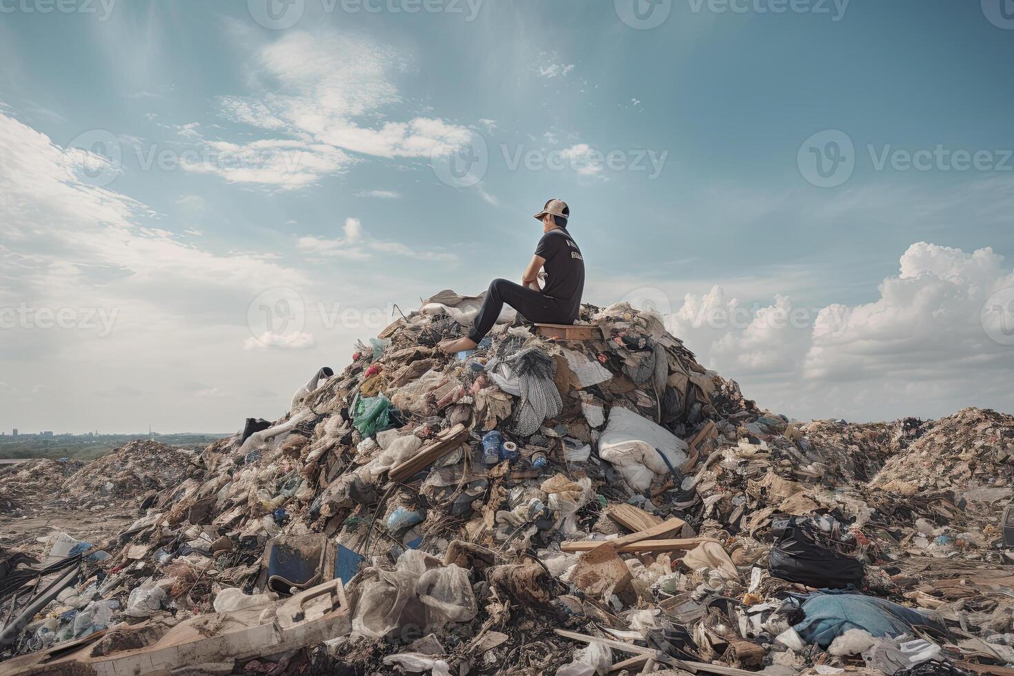 uomo seduta su superiore di enorme cumulo di rifiuti con un' lotto di plastica sciupare. ambientale inquinamento. generativo ai foto