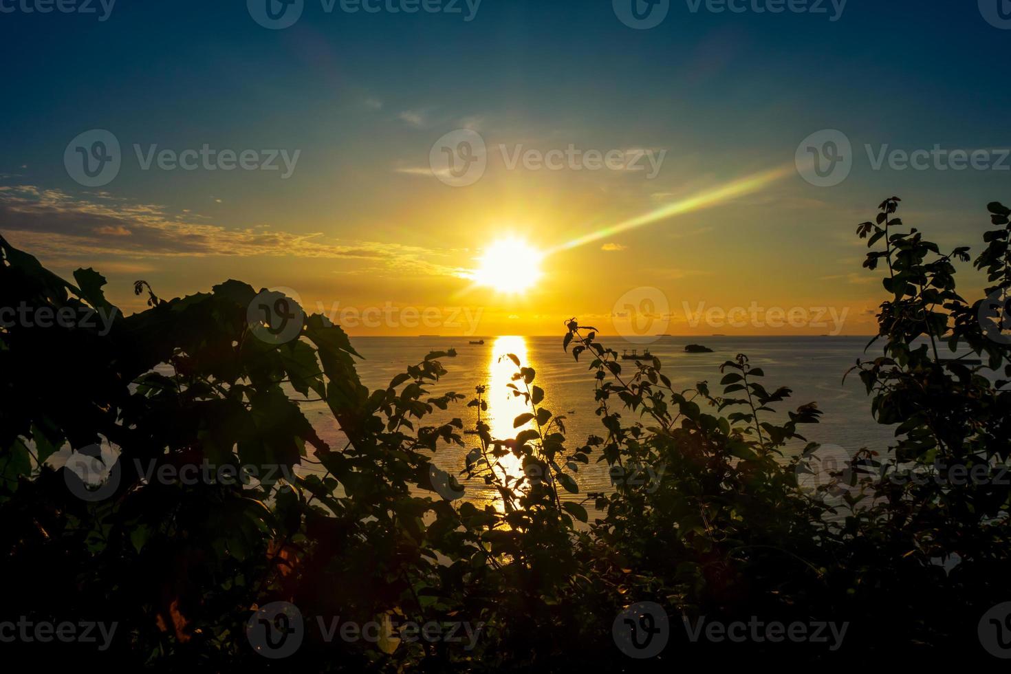 spiaggia tramonto panorama con silhouette di alberi foto