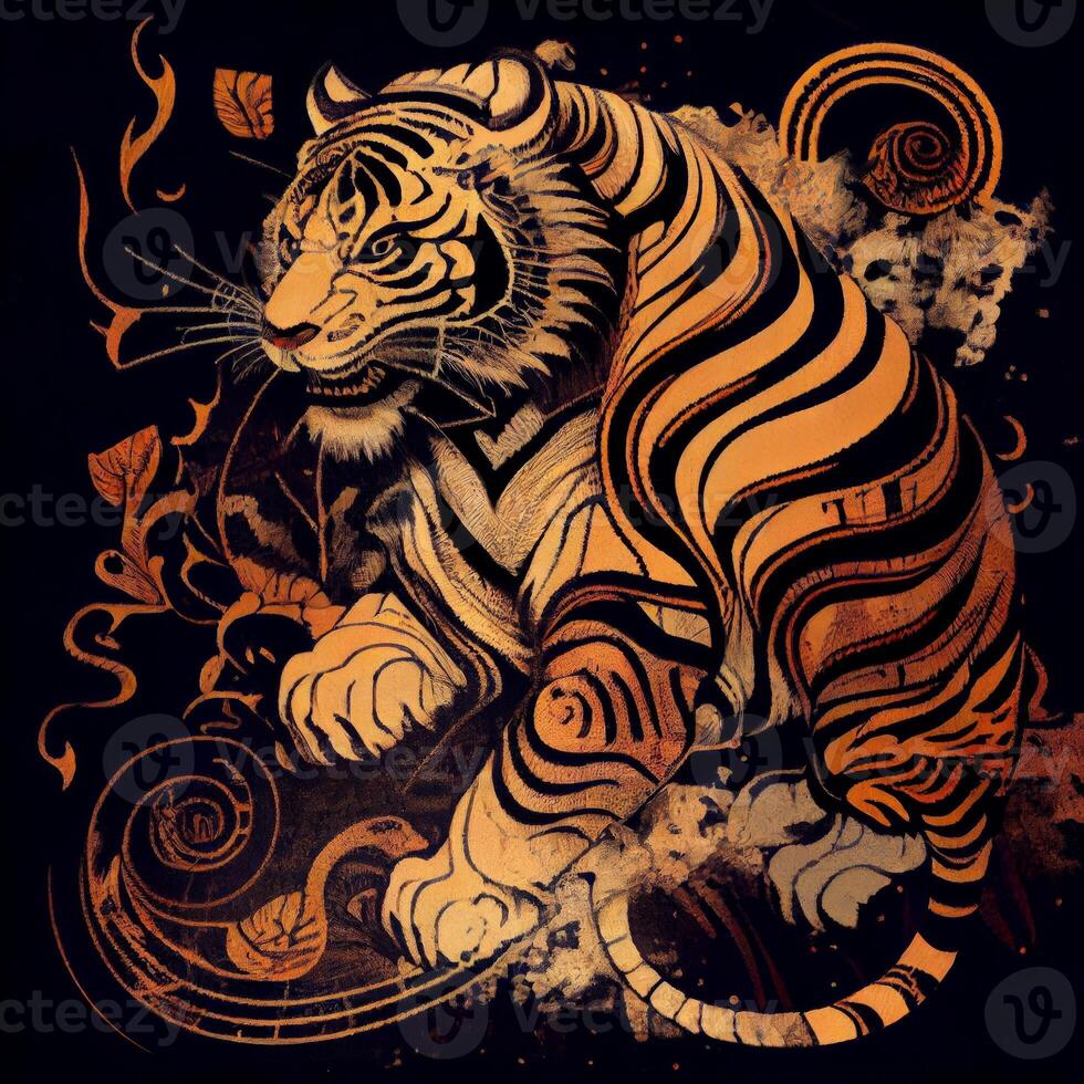 tigre Cinese stile arte su nero sfondo generativo ai foto