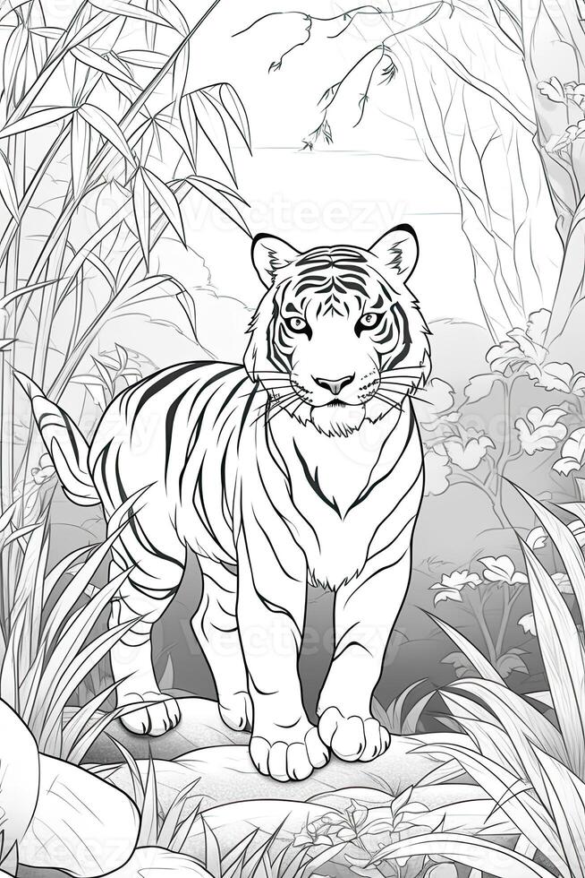 colorazione libro pagina. cartone animato animali per bambini, tigre. generativo ai foto
