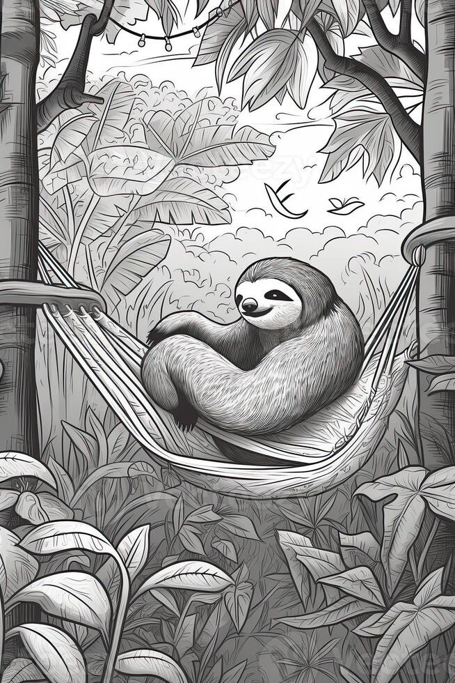 colorazione libro pagina per bambini. bradipo isolato su bianca sfondo. nero e bianca. generativo ai foto
