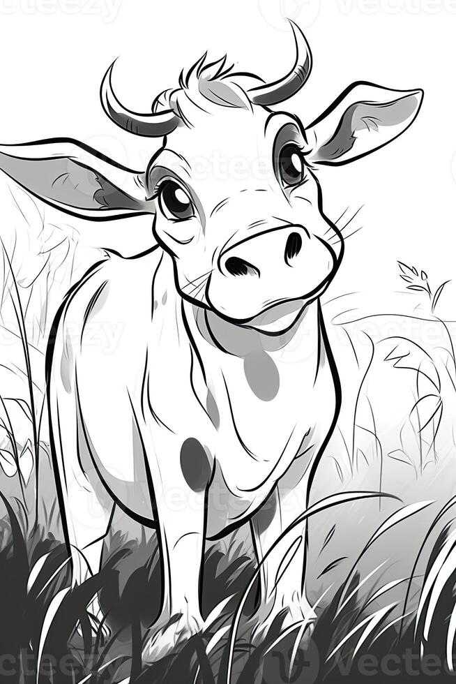 colorazione libro pagina per bambini. mucca isolato su bianca sfondo. nero e bianca. generativo ai foto
