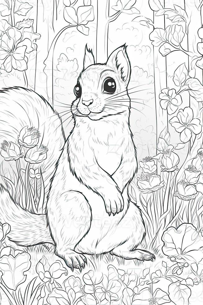 colorazione libro pagina per bambini. scoiattolo isolato su bianca sfondo. nero e bianca. generativo ai foto