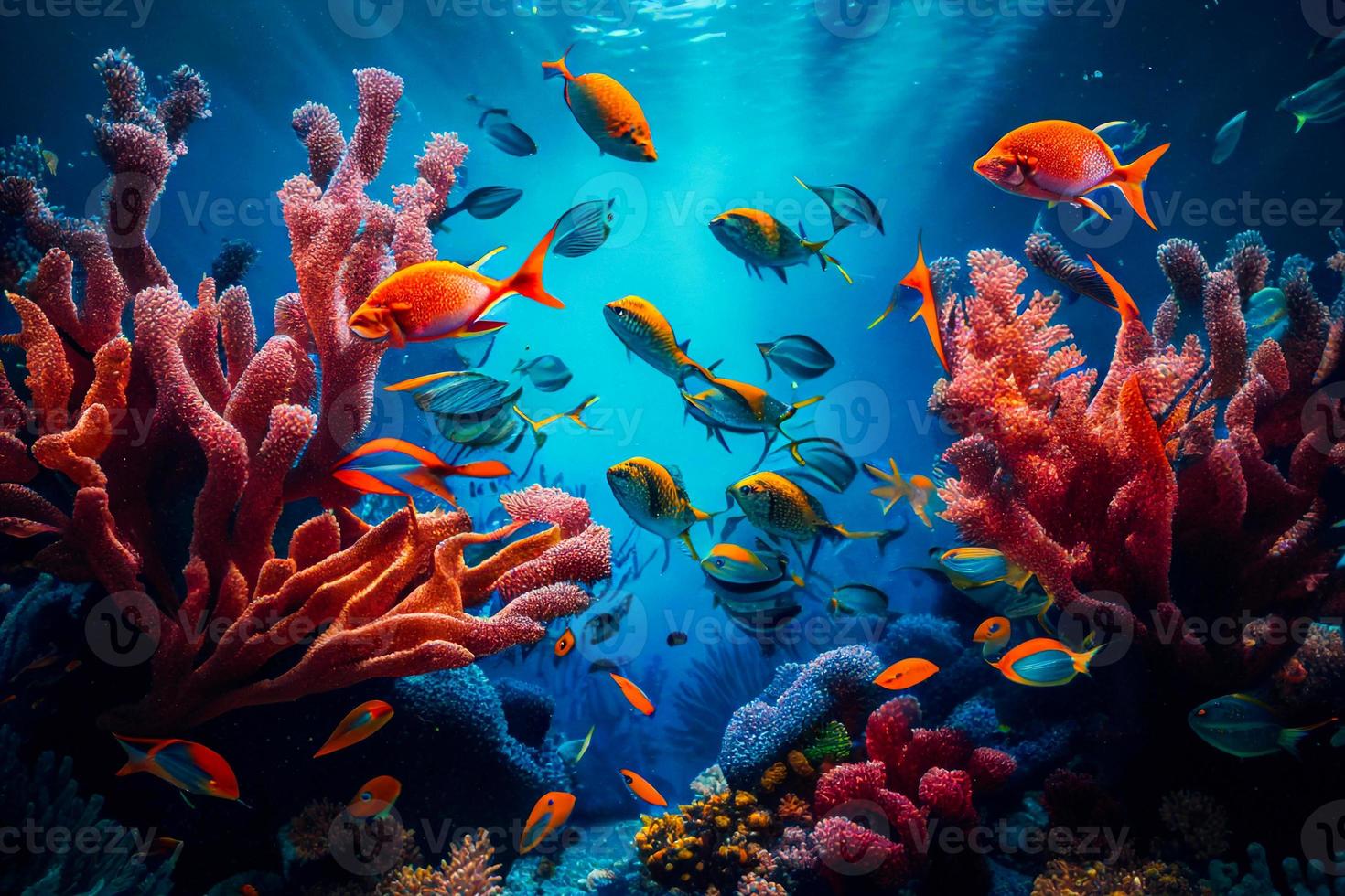 subacqueo mare scogliera paesaggio con tropicale pesce, corallo, rosso stelle e spugne cartone animato sfondo. blu laguna mondo o acquario con colorato animali e sole travi. ai foto