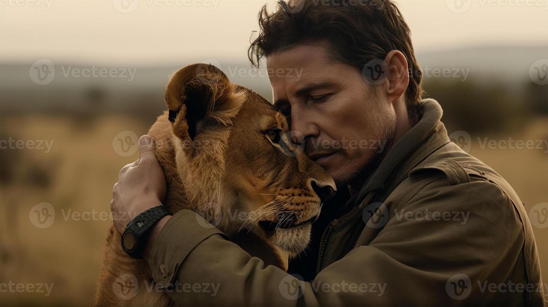 un' uomo e un' leonessa nel un' naturale ambiente come migliore gli amici. ai generato illustrazione foto
