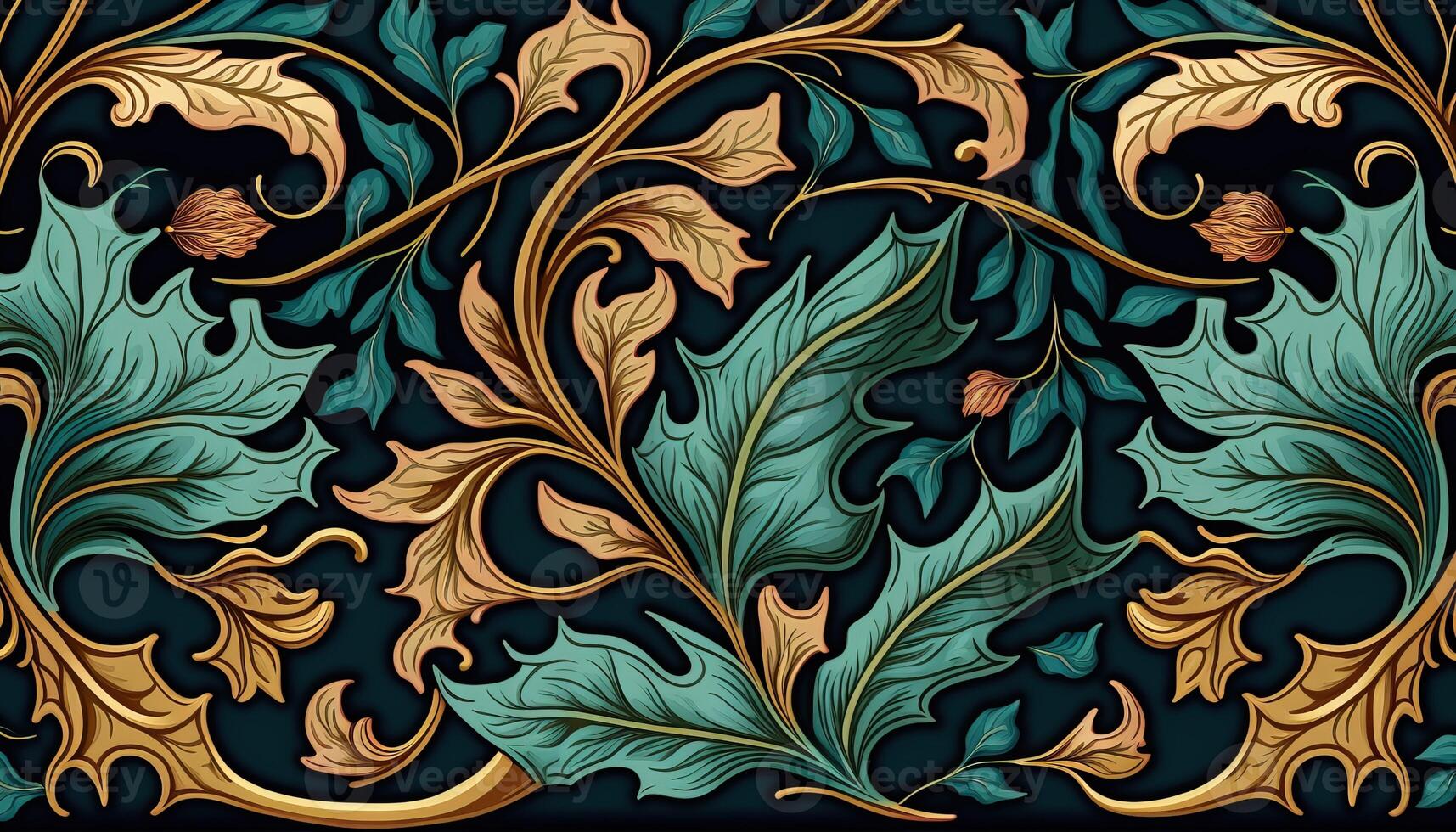 generativo ai, floreale colorato modello. William morris ispirato naturale impianti e fiori sfondo, Vintage ▾ illustrazione. fogliame ornamento. foto