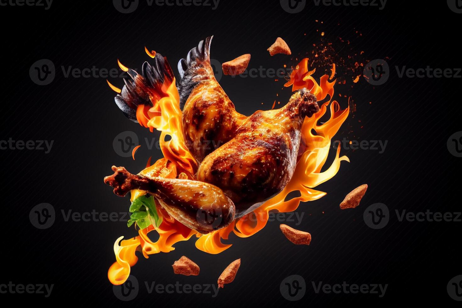 grigliato pollo Ali su il griglia con fiamme su un' nero sfondo generativo ai foto