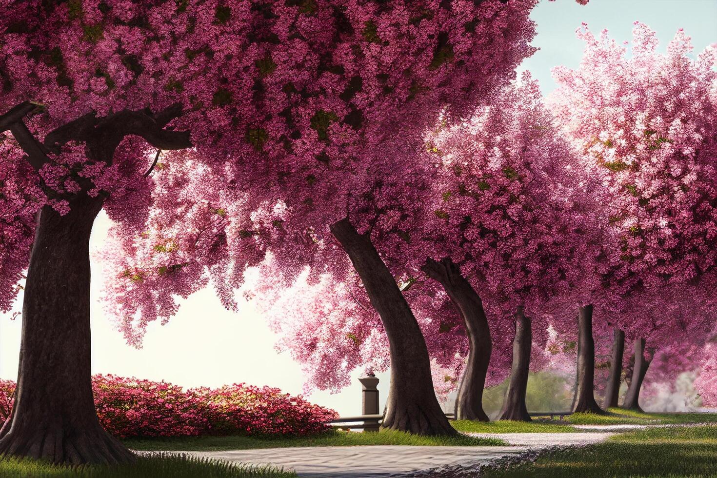 bellissimo primavera paesaggio con fioritura sakura alberi. 3d interpretazione generativo ai foto