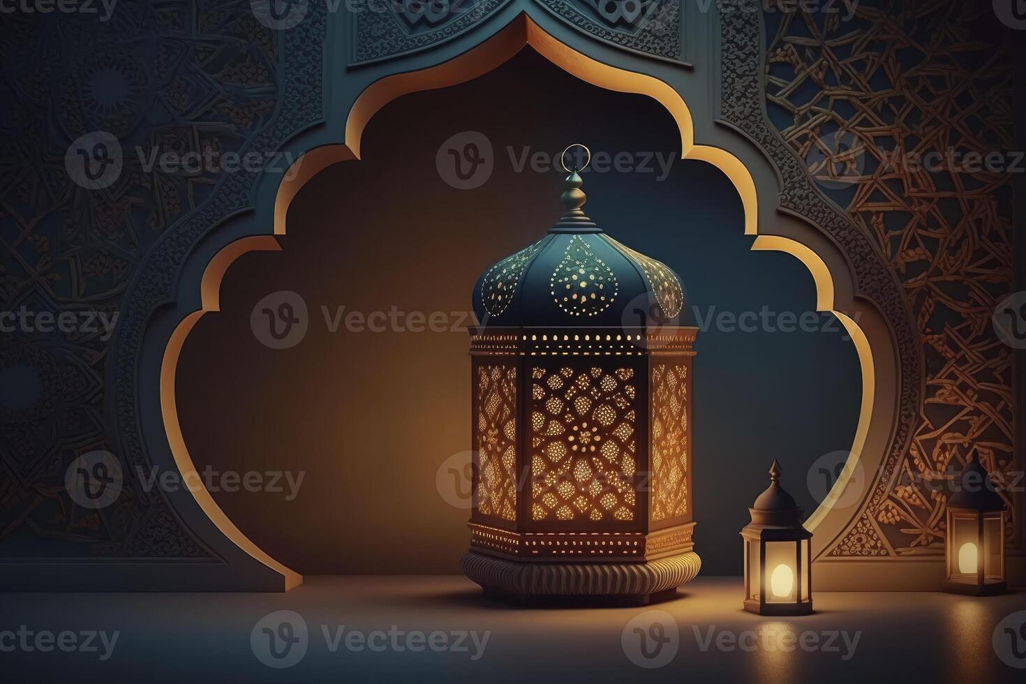 un' sbalorditivo Ramadan lanterna con islamico parete decorazione. ai generato foto