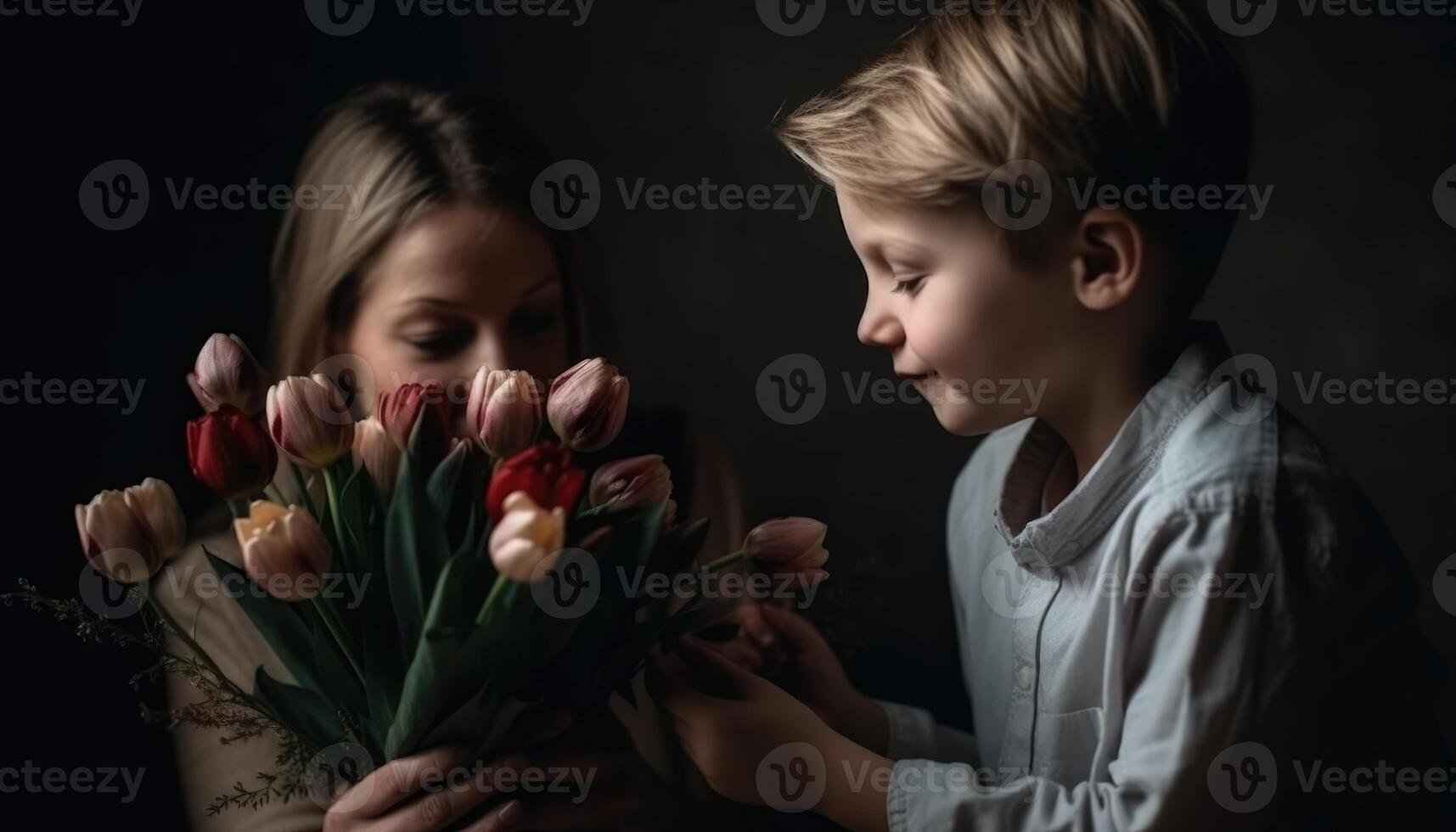 poco ragazzo Tenere fiori, abbracciare il suo madre e festeggiare La madre di giorno. generativo ai foto