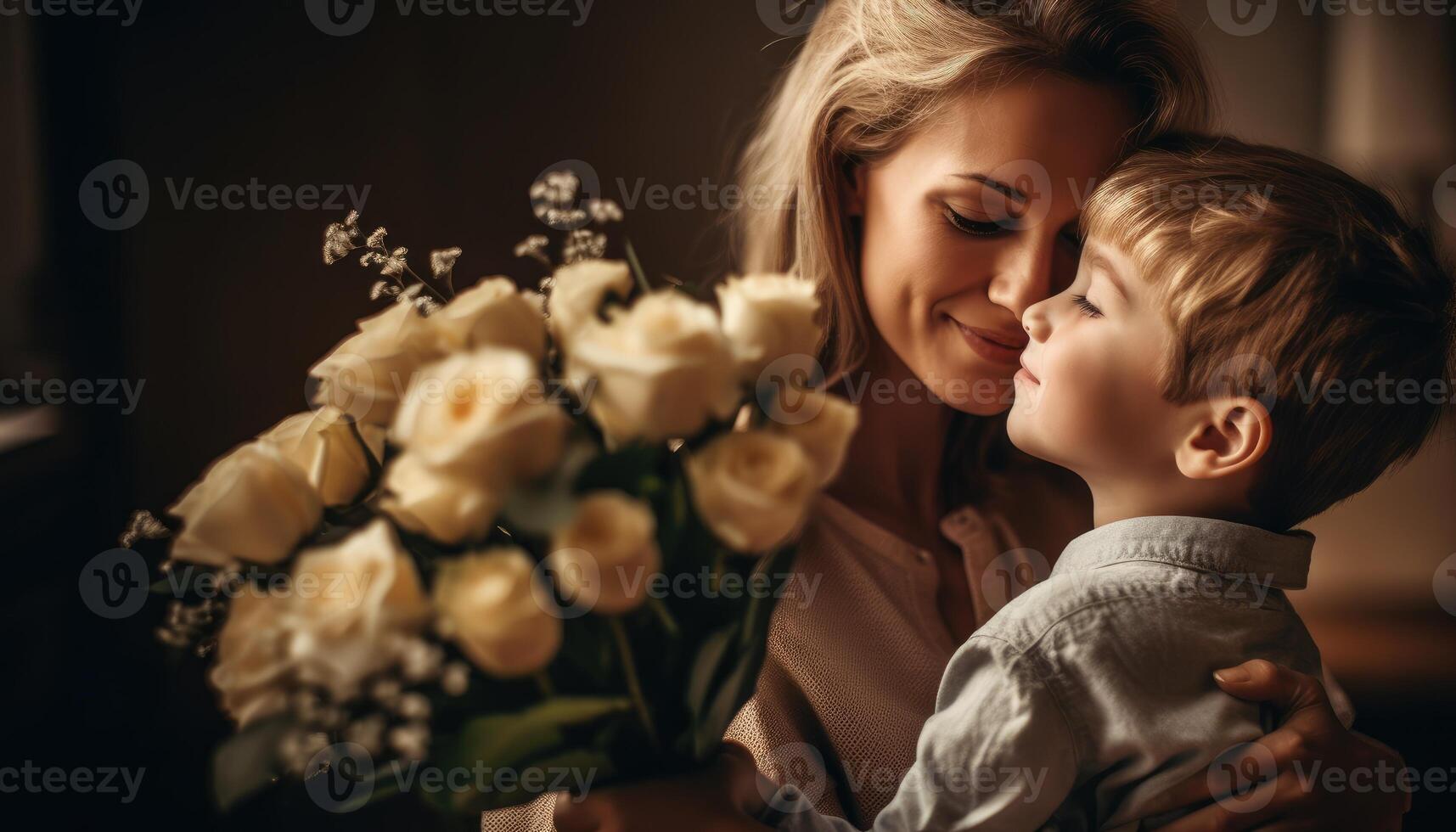 poco ragazzo Tenere fiori, abbracciare il suo madre e festeggiare La madre di giorno. generativo ai foto