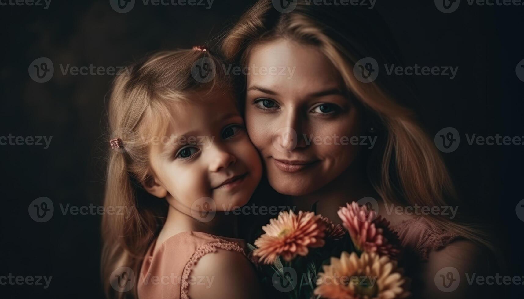 poco ragazza Tenere fiori, abbracciare sua madre e festeggiare La madre di giorno. generativo ai foto