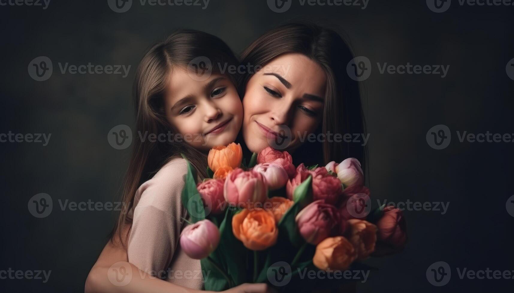 poco ragazza Tenere fiori, abbracciare sua madre e festeggiare La madre di giorno. generativo ai foto