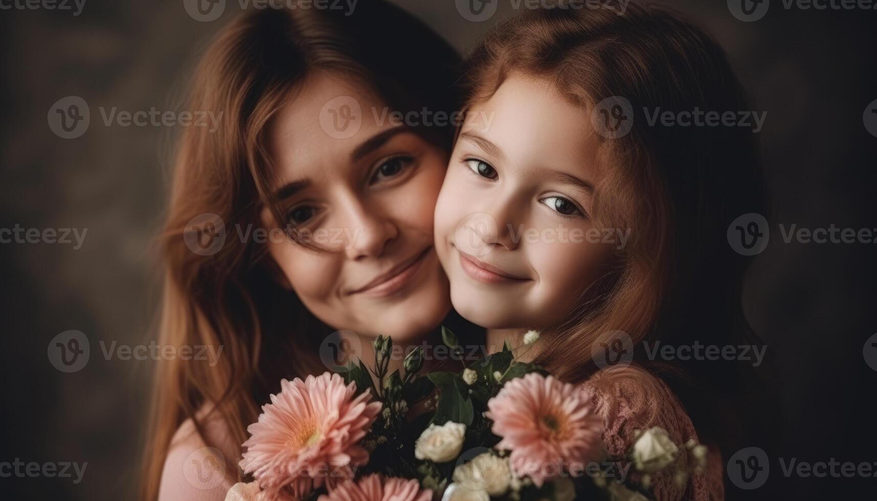 poco ragazza Tenere fiori, abbracciare sua madre e festeggiare La madre di giorno. generativo ai foto