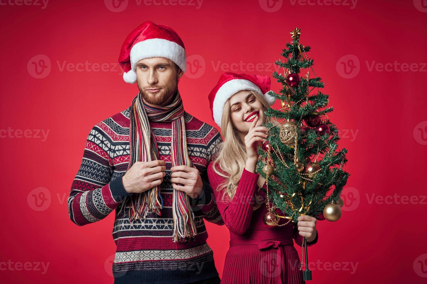 uomo e donna nel nuovo anni Abiti divertimento Natale albero decorazione ritratto foto