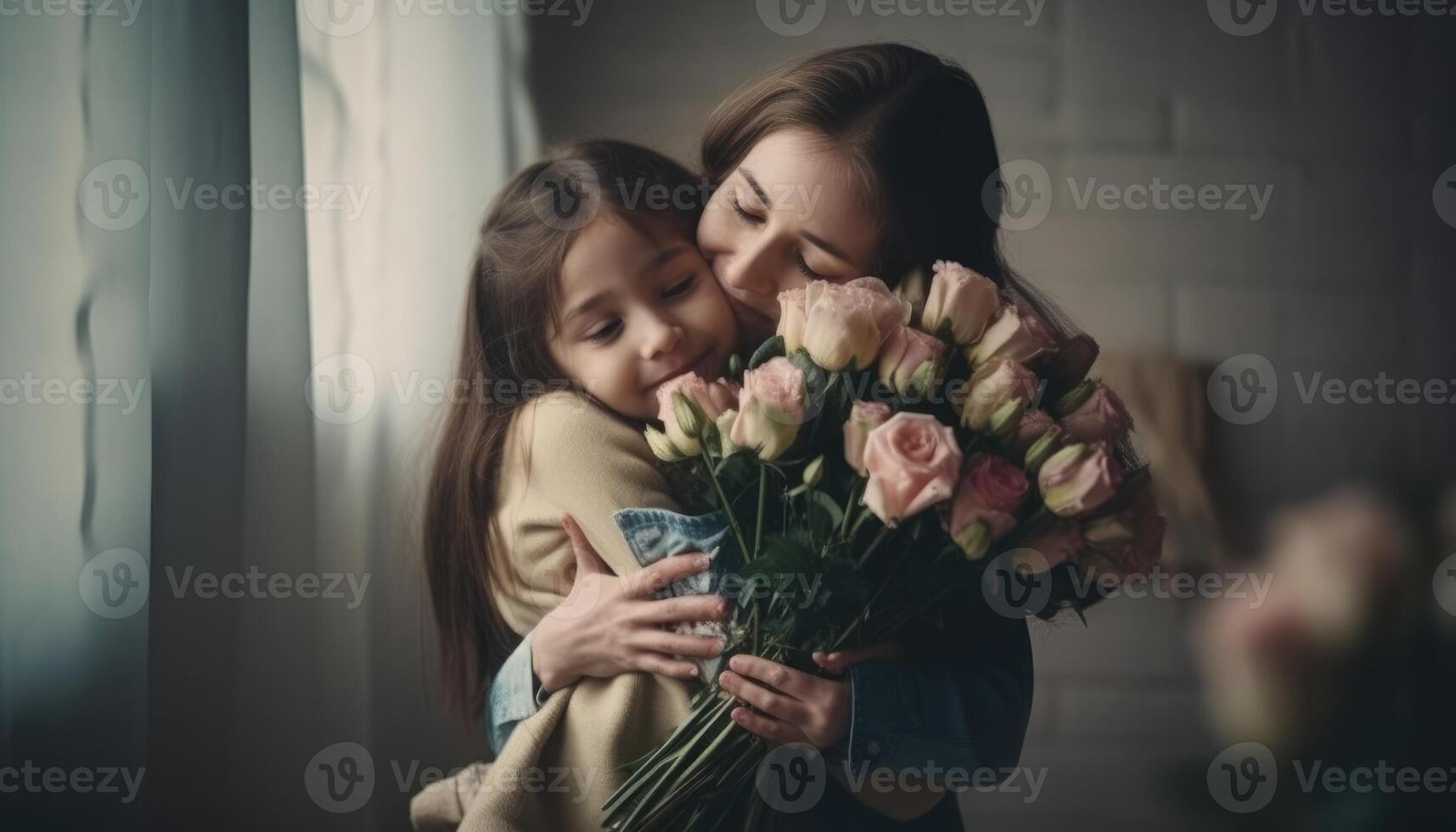 poco ragazza Tenere fiori, abbracciare sua madre e festeggiare La madre di giorno. generativo ai foto