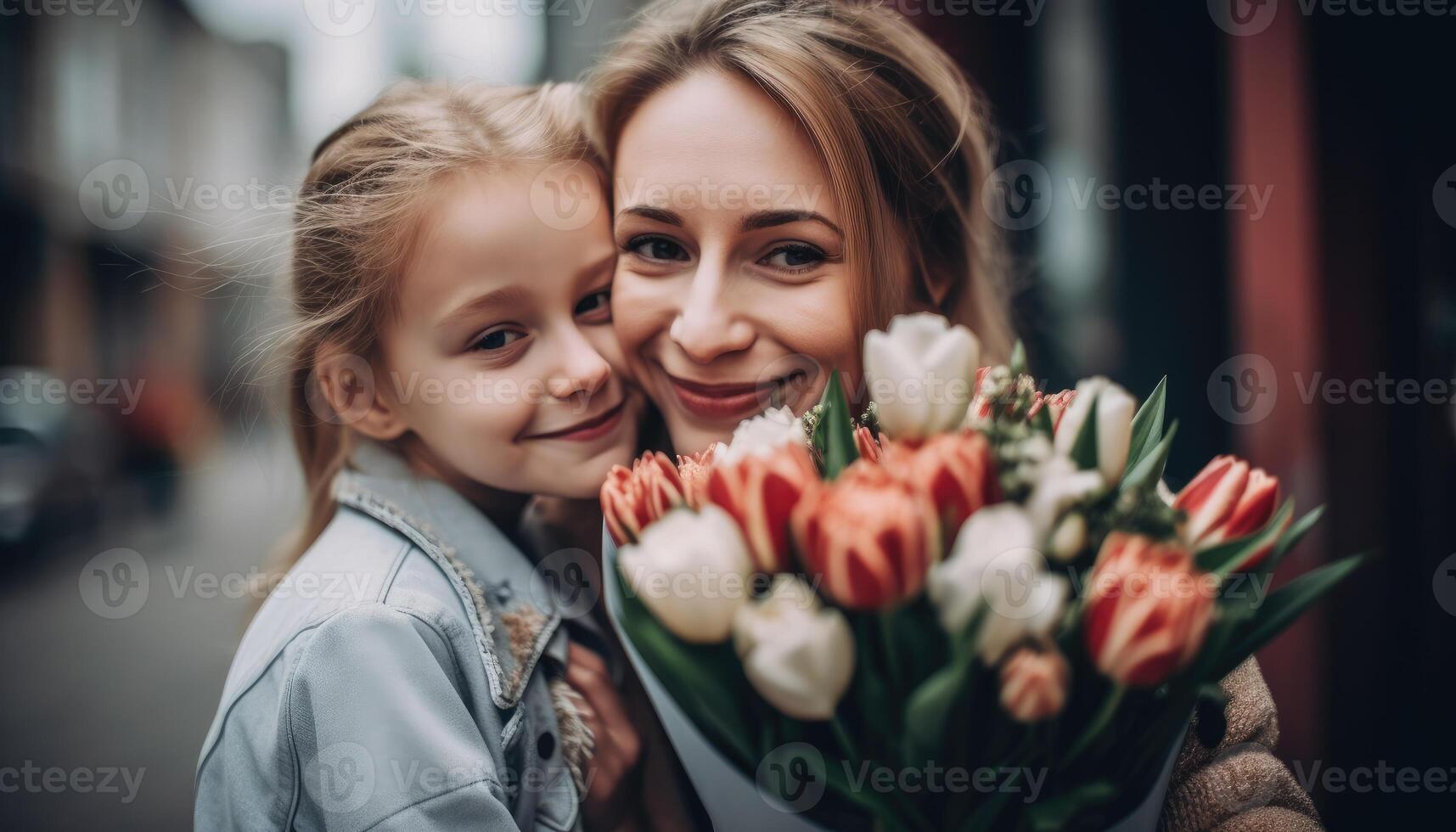 poco ragazza Tenere fiori, abbracciare sua madre e festeggiare La madre di giorno. generativo ai foto